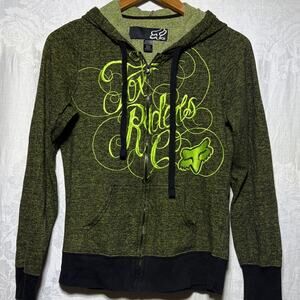 Fox Racing Hoodie Med Black Green Embroidered Riders Co Full Zip Sweatshirt Y2K